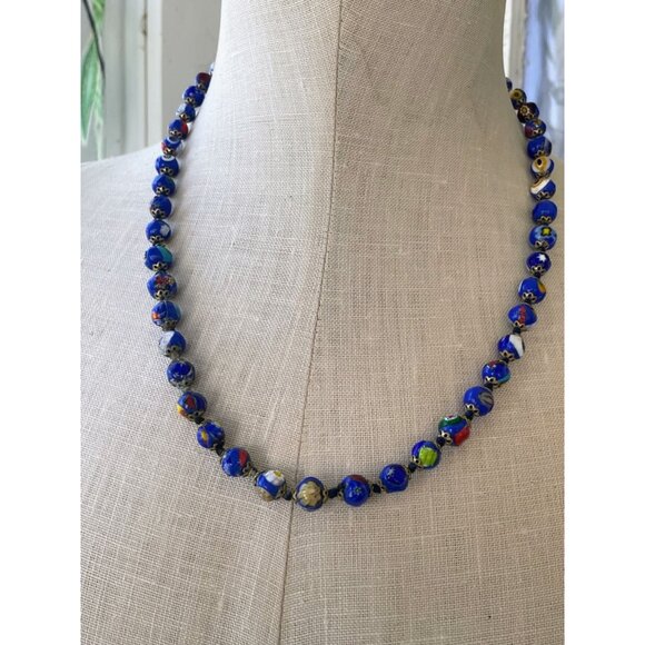 Vintage 1950s Italy Millefiori Hand knotted Glass Blue Beaded Necklace - Picture 15 of 16